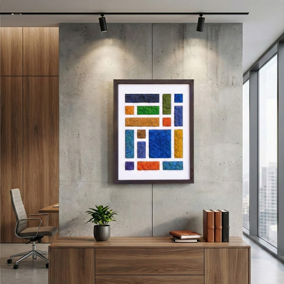 Mondrian-inspired reindeer moss wall art with geometric color blocks in blue, green, and warm tones, framed and displayed in a modern office interior.