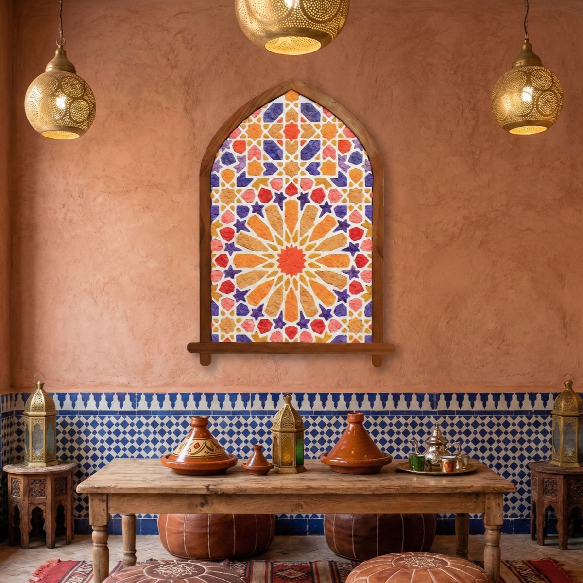 Moroccan-inspired interior featuring arched yellow and purple moss wall art above a wooden table with warm ambient lighting.