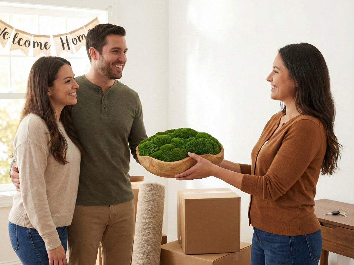 Preserved moss bowl given as a housewarming gift, a thoughtful natural decor piece for new homeowners.