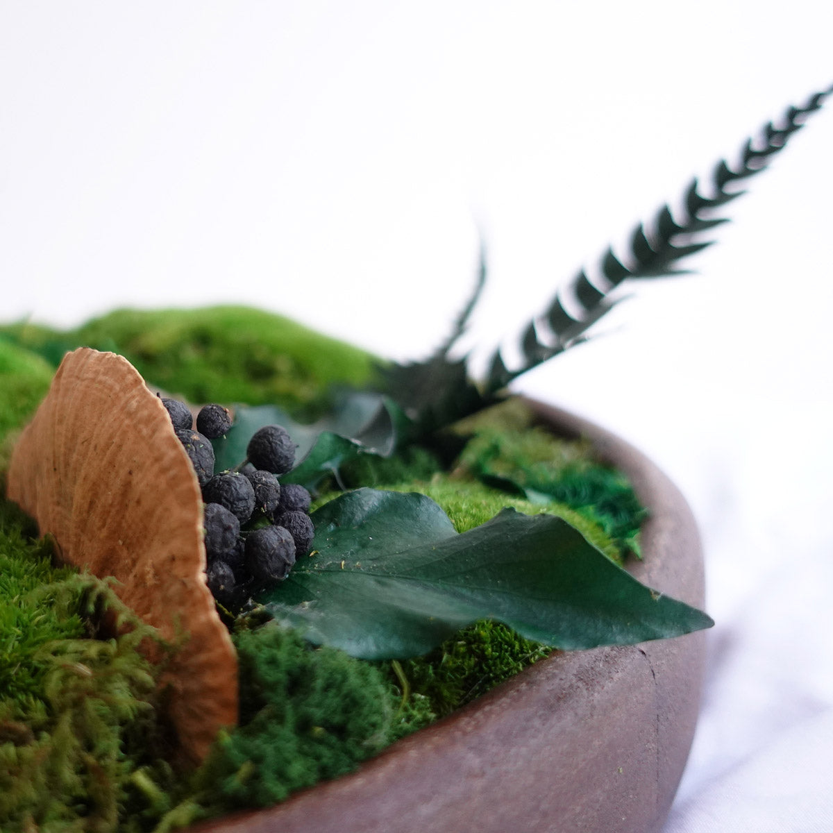 Close-up detail of a preserved moss bowl featuring natural foliage, berries, and textured green moss