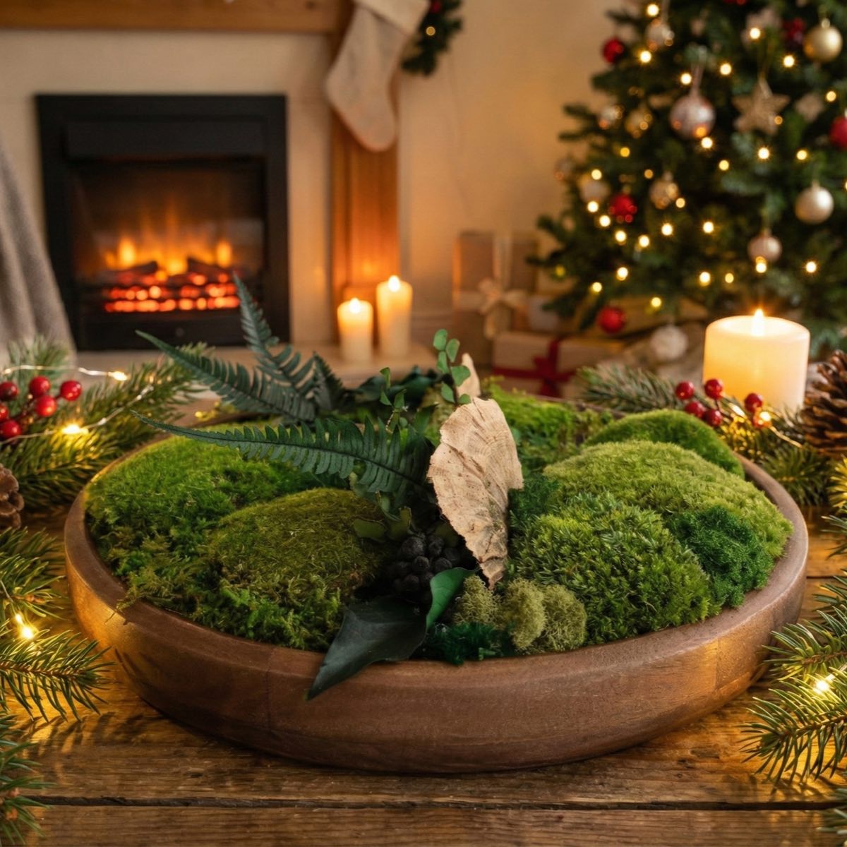 Preserved moss bowl with natural plants styled as a holiday centerpiece in a warm living room setting