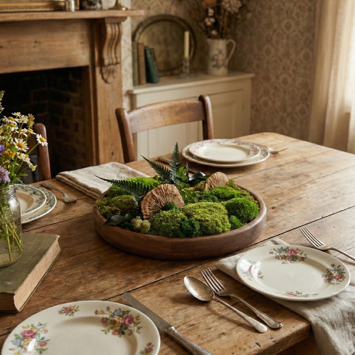Preserved moss bowl with plants styled as a natural centerpiece on a rustic dining table