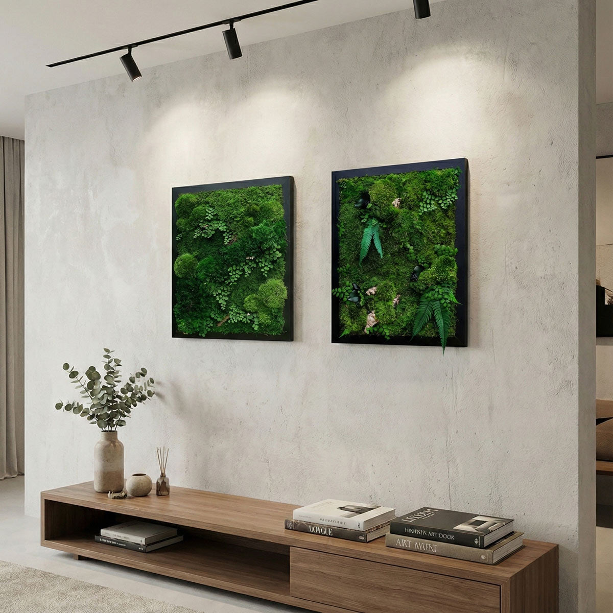 Rectangular framed forest organic moss wall art set installed on a modern interior wall, featuring preserved moss, ferns, and natural biophilic design elements.