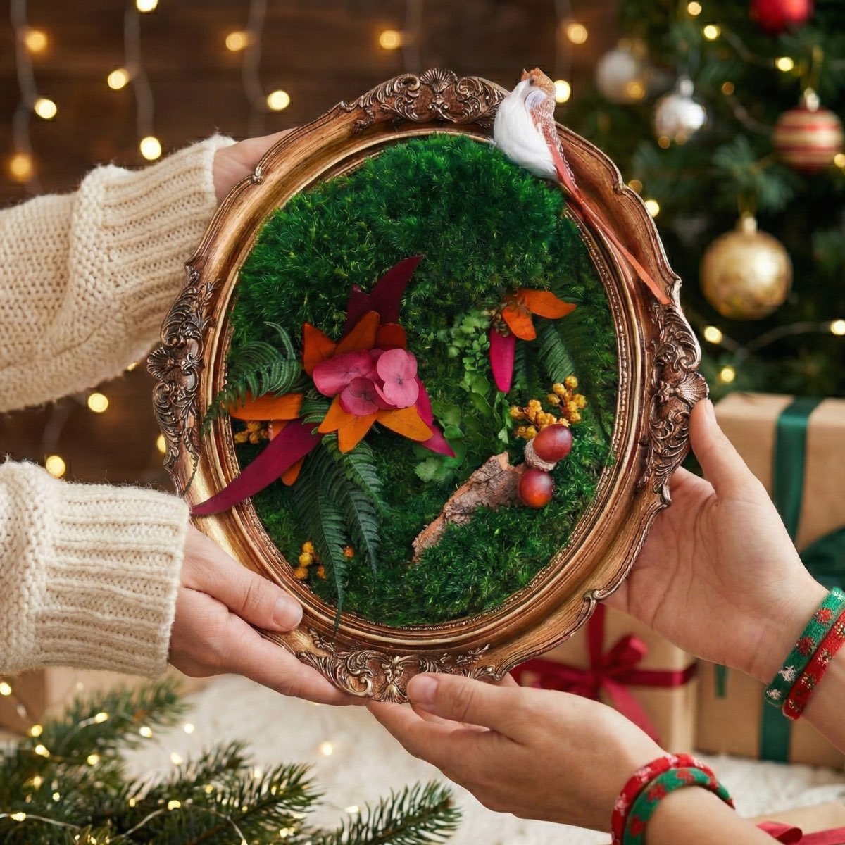 Vintage oval framed autumn moss art held between two hands, featuring preserved moss, warm-toned foliage, and botanical accents in a festive holiday setting.