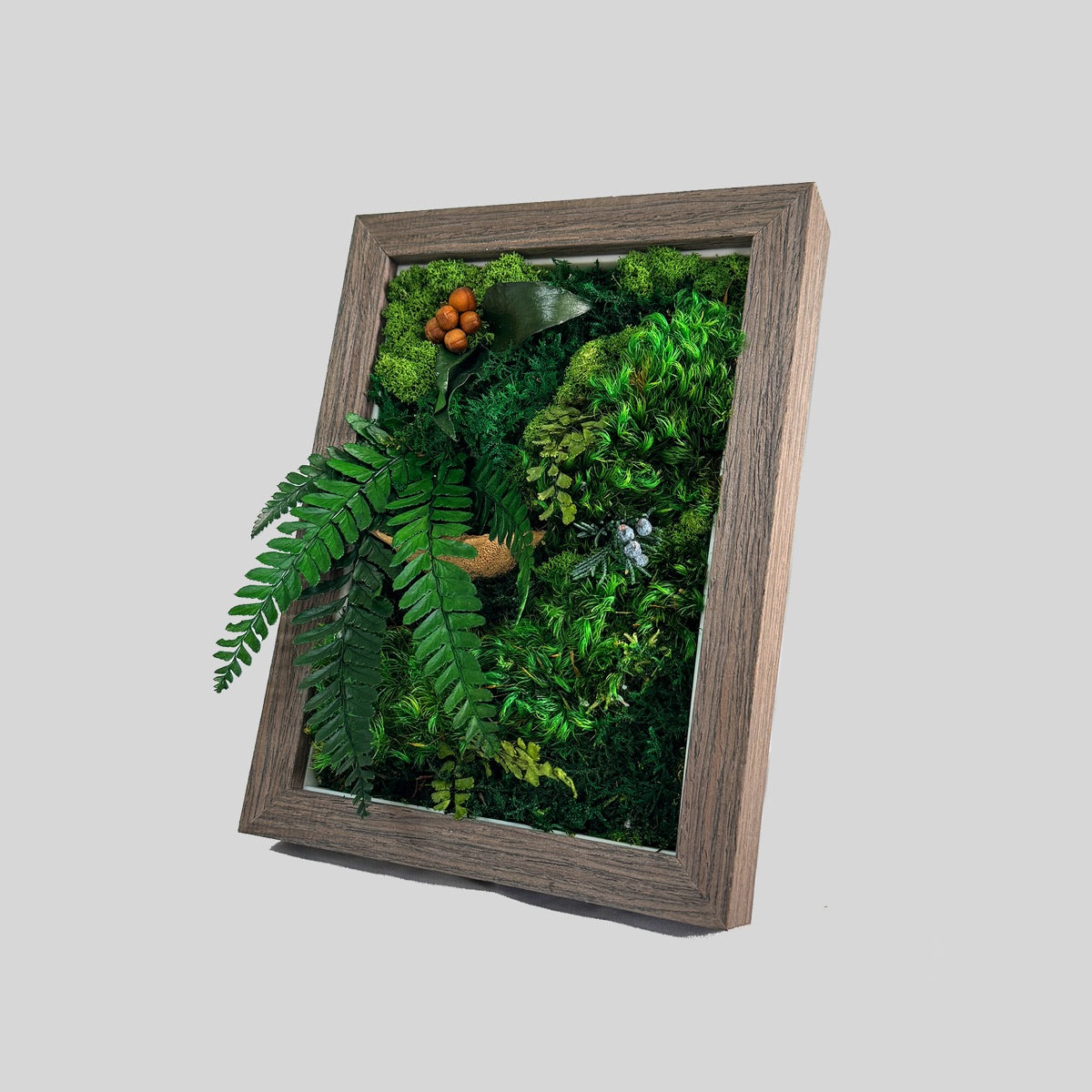 Angled front view of the Lush Moss Table Frame in walnut featuring mixed preserved moss and fern elements.